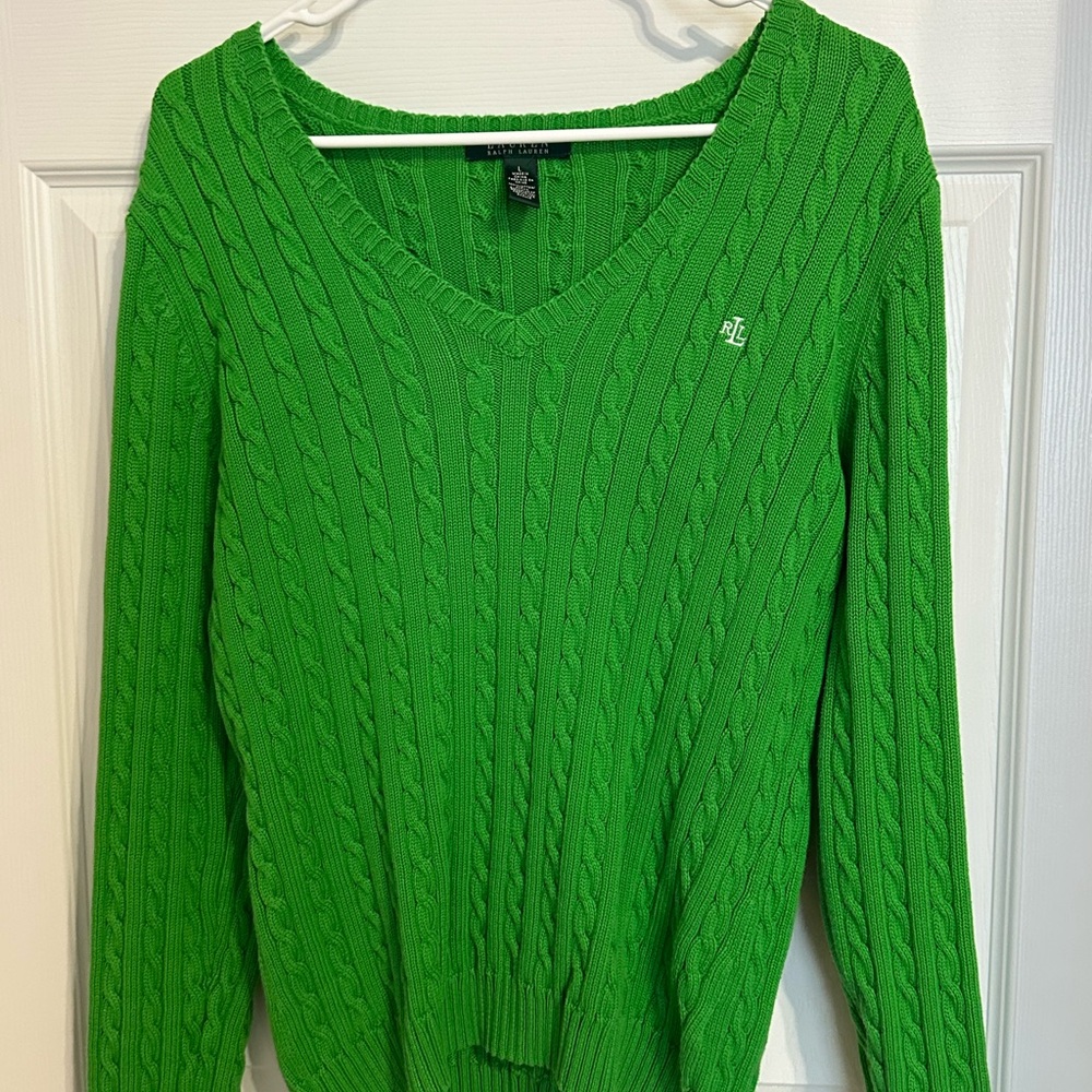 Ralph Lauren Green V-Neck Cable Knit Sweater